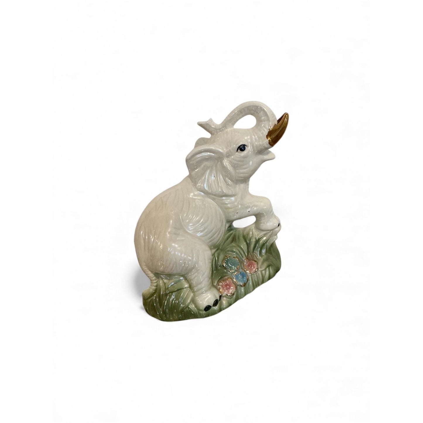 Vintage Ceramic Elephant Figurine With Gold-Tone Tusks On Grass & Flowers 11" x 9.5"