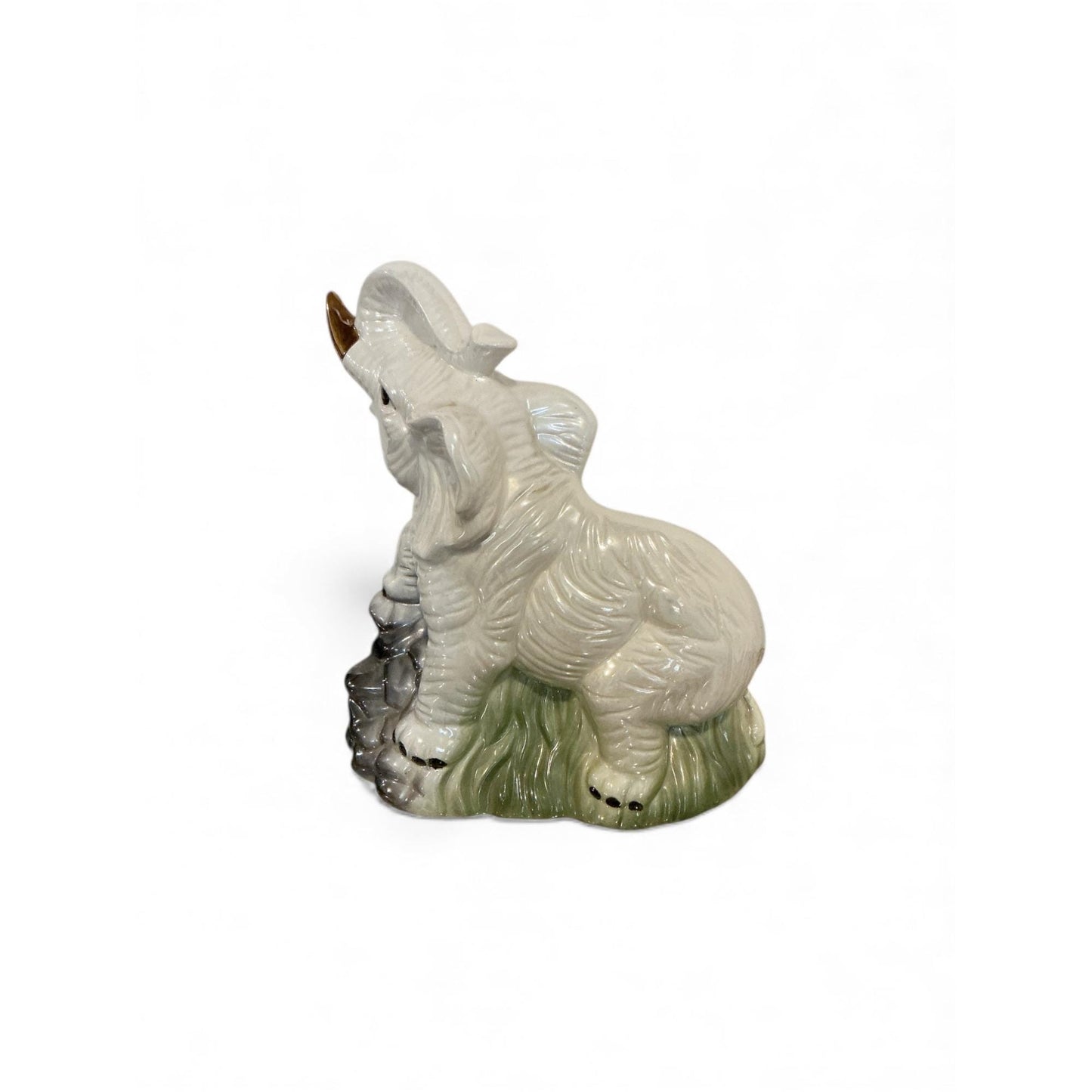Vintage Ceramic Elephant Figurine With Gold-Tone Tusks On Grass & Flowers 11" x 9.5"