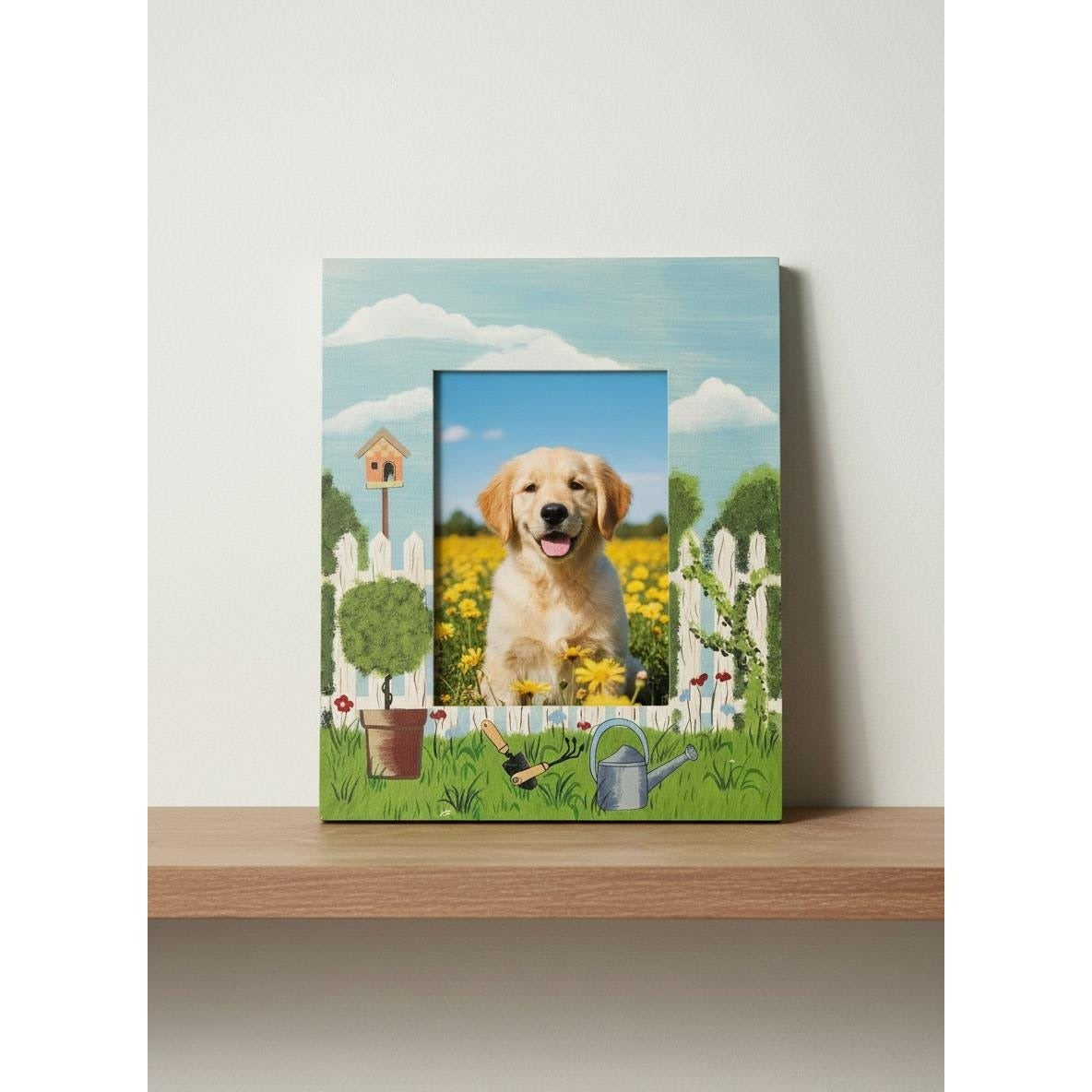 Rare Vintage Garden Scene Wooden Picture Frame 12” X 9.25” X .50” With Easel Back