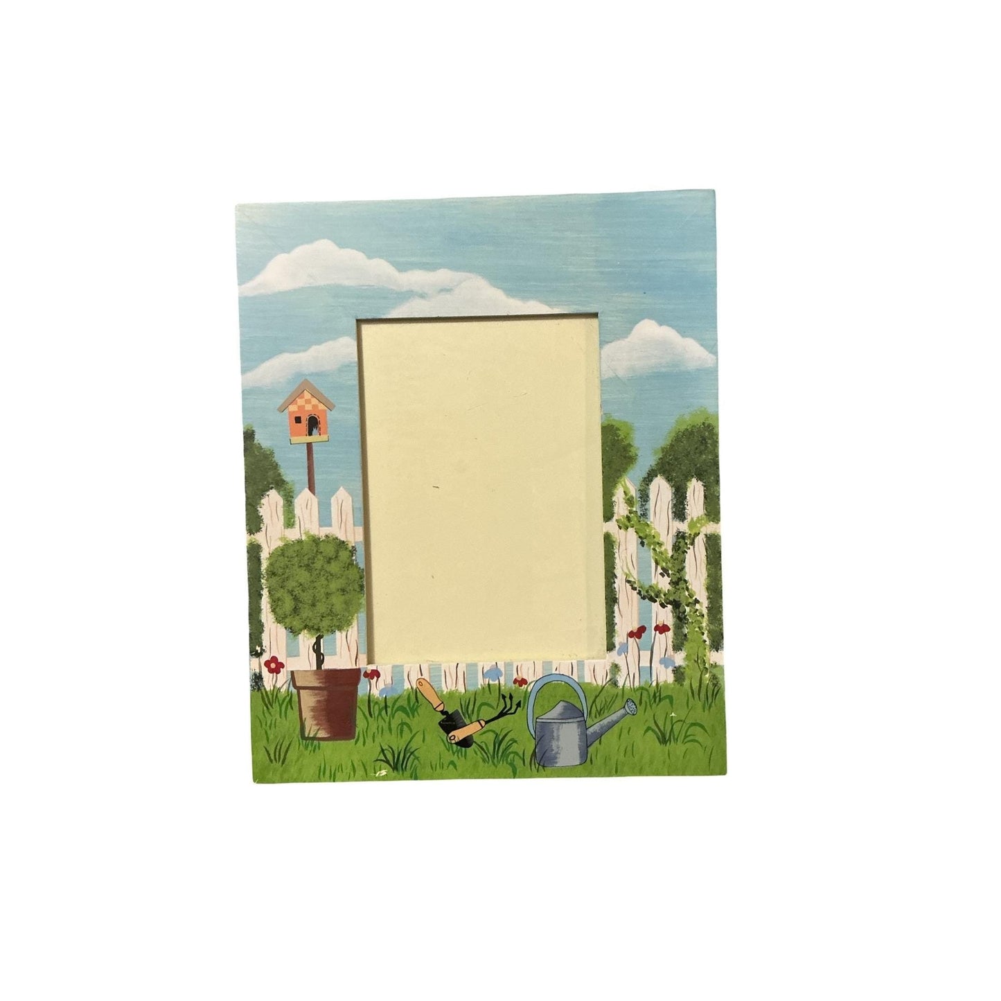Rare Vintage Garden Scene Wooden Picture Frame 12” X 9.25” X .50” With Easel Back