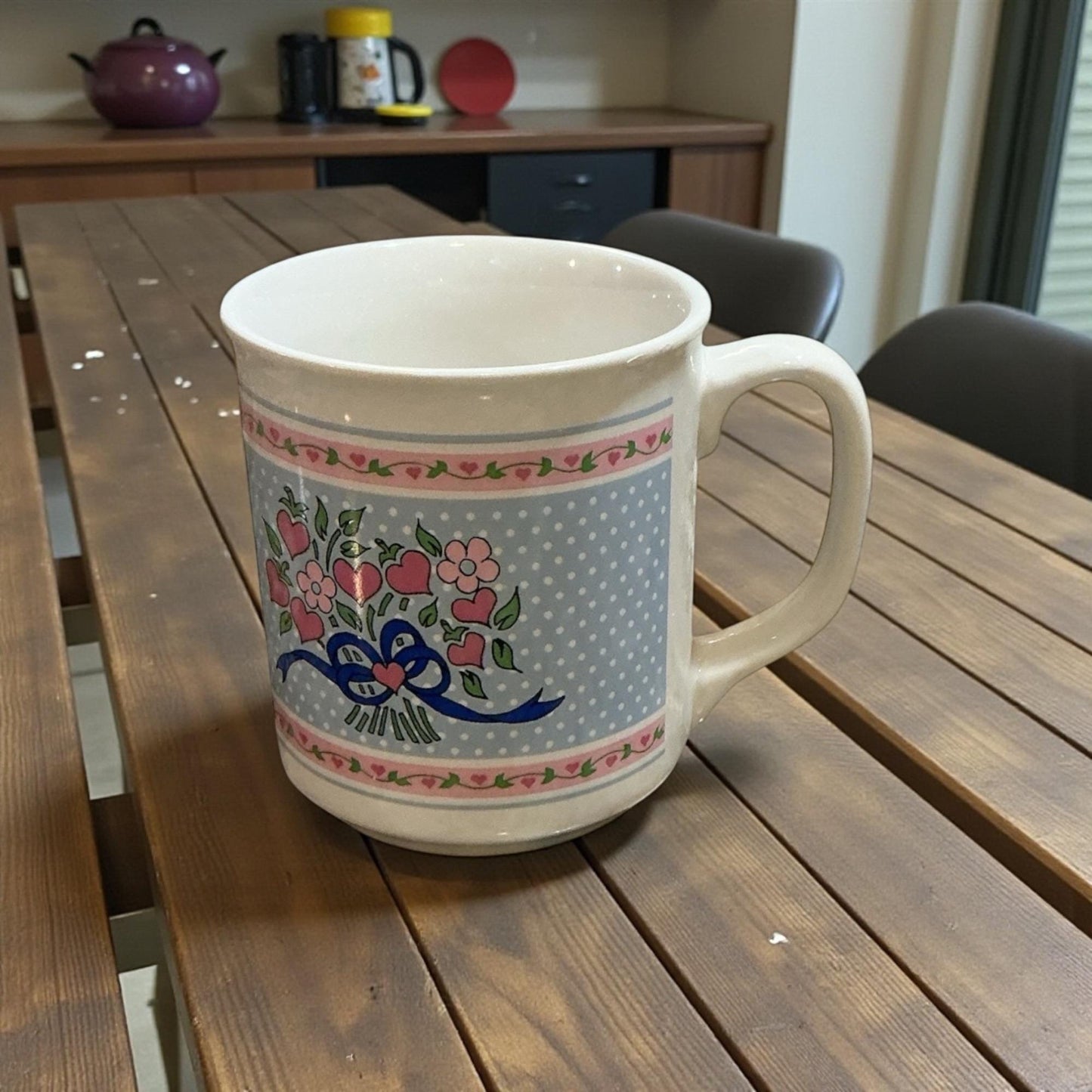 Vintage Floral Polka Dot Ceramic Mug with Ribbon Accent
