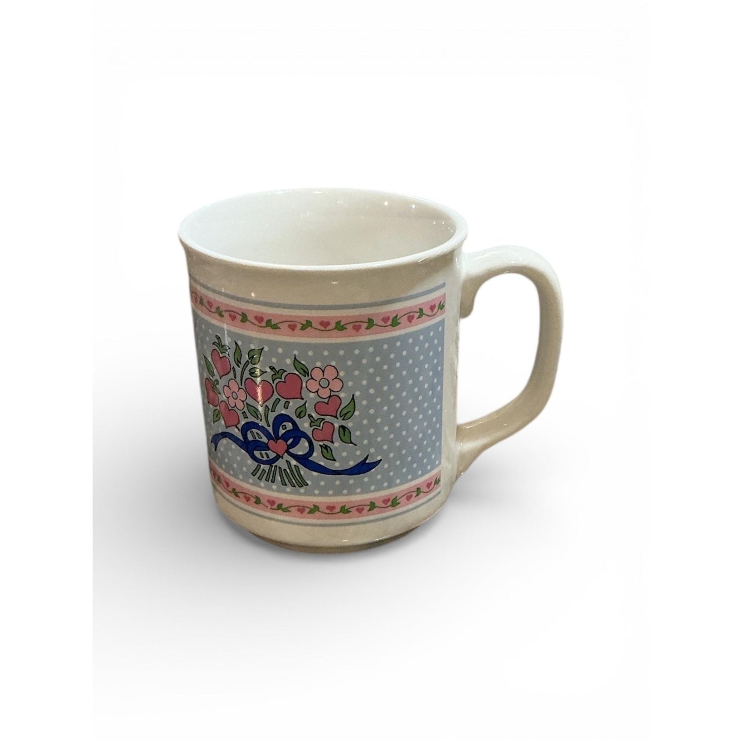 Vintage Floral Polka Dot Ceramic Mug with Ribbon Accent
