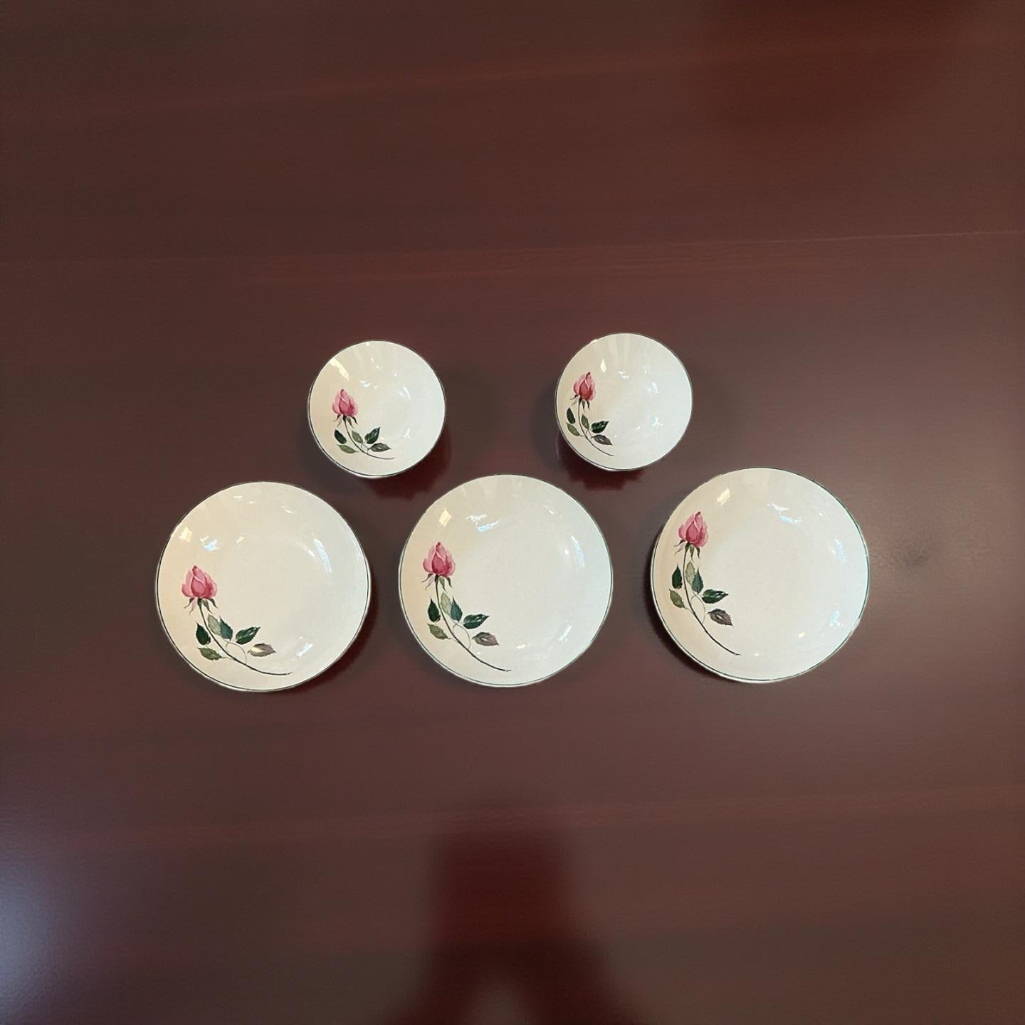 Cunningham & Pickett Rose Design Bowls Set Of 5 Hand-Painted Pink Floral Vintage Ceramic Dishware