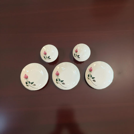 Cunningham & Pickett Rose Design Bowls Set Of 5 Hand-Painted Pink Floral Vintage Ceramic Dishware