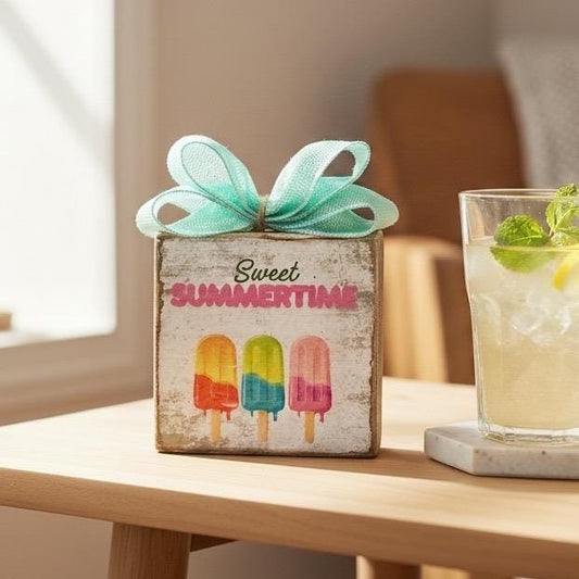 Basket Case Designs Sweet Summertime Wood Block Sign Popsicle Decor 4x4 NEW