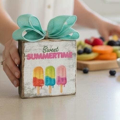 Basket Case Designs Sweet Summertime Wood Block Sign Popsicle Decor 4x4 NEW