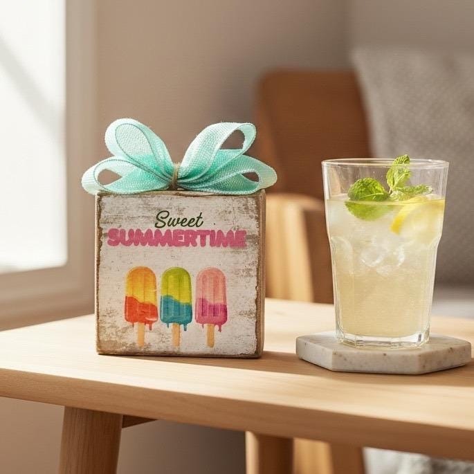Basket Case Designs Sweet Summertime Wood Block Sign Popsicle Decor 4x4 NEW