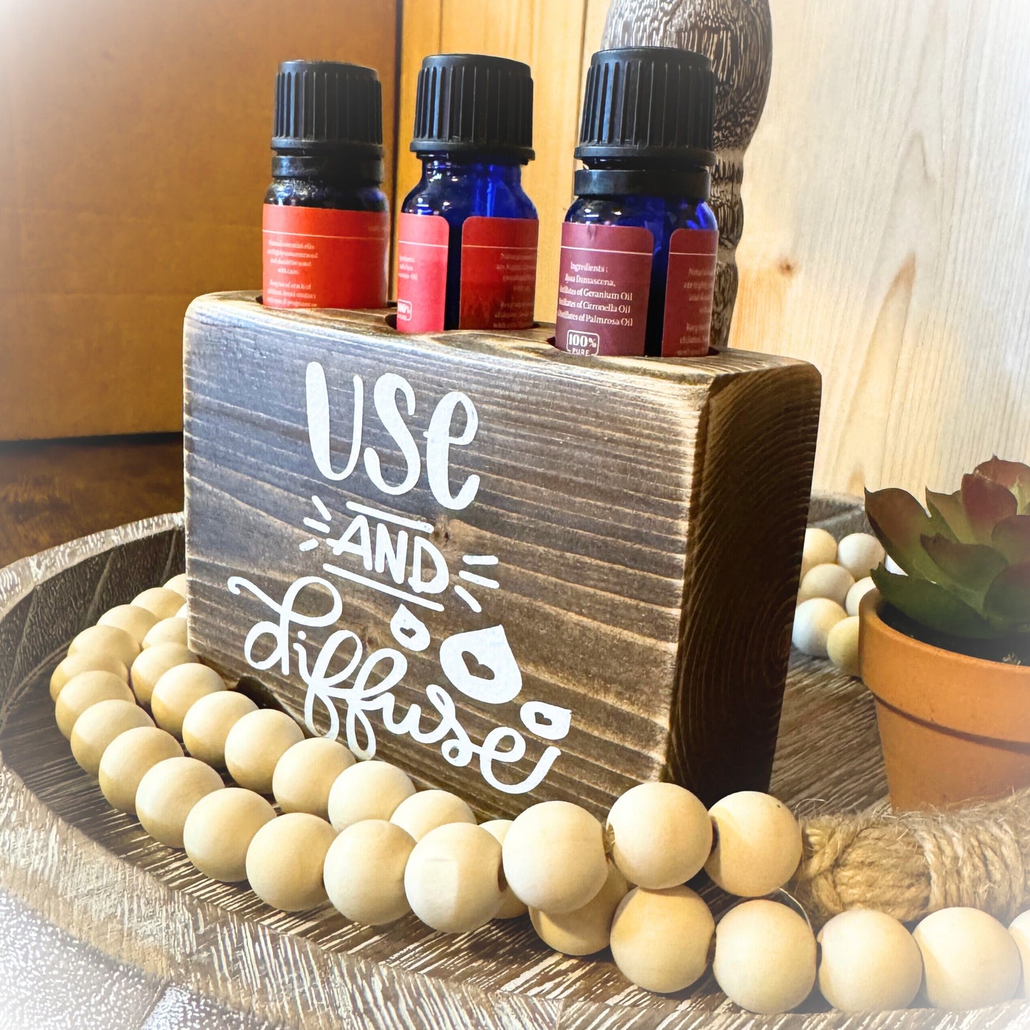 Handmade Rustic Wood Essential Oil Holder – Aromatherapy Shelf Sitter