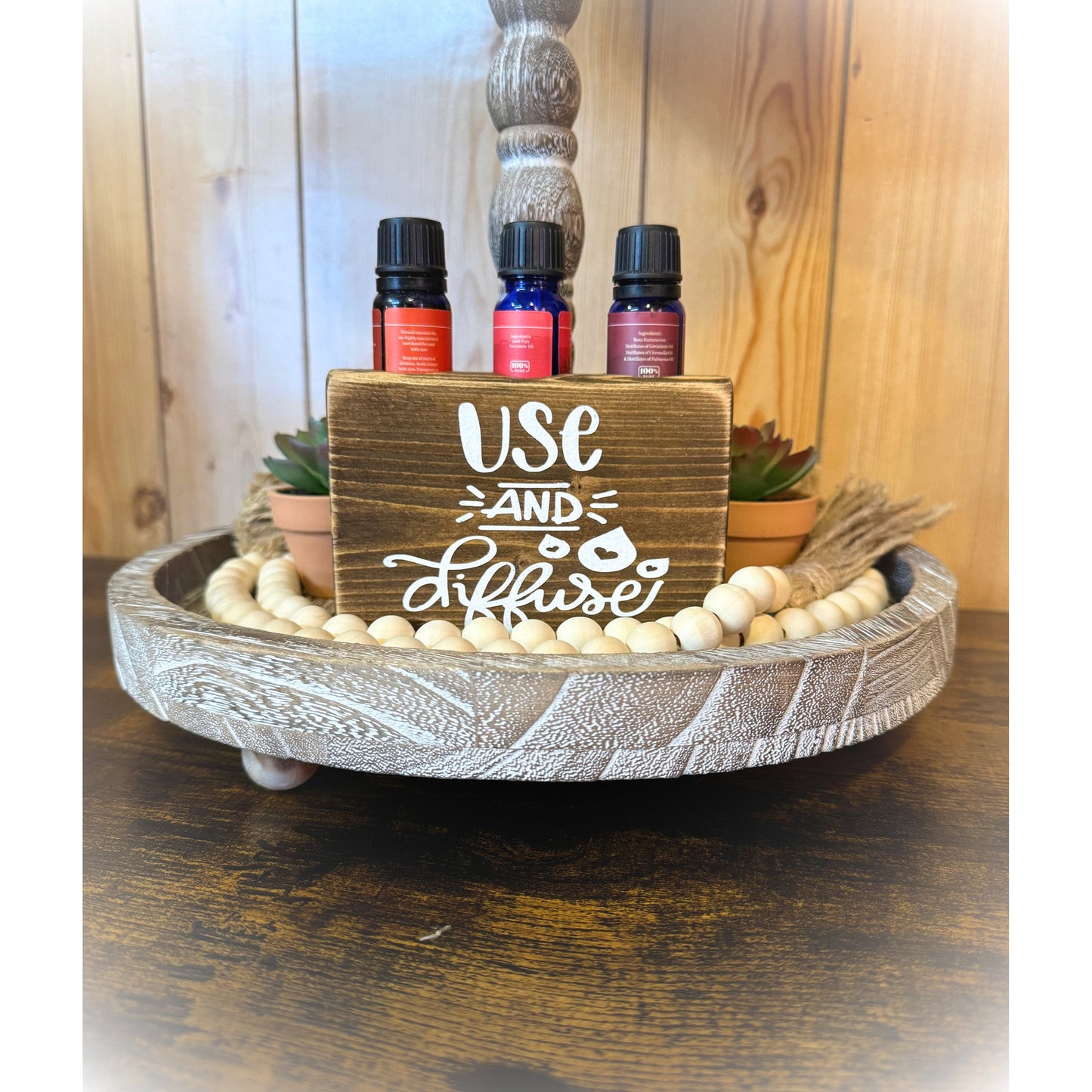Handmade Rustic Wood Essential Oil Holder – Aromatherapy Shelf Sitter