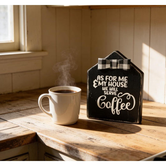 Handmade Wooden Coffee Sign With Bow - "As For Me & My House We Will Serve Coffee" - 6.25" x 5" x 1.5" - Basket Case Designs