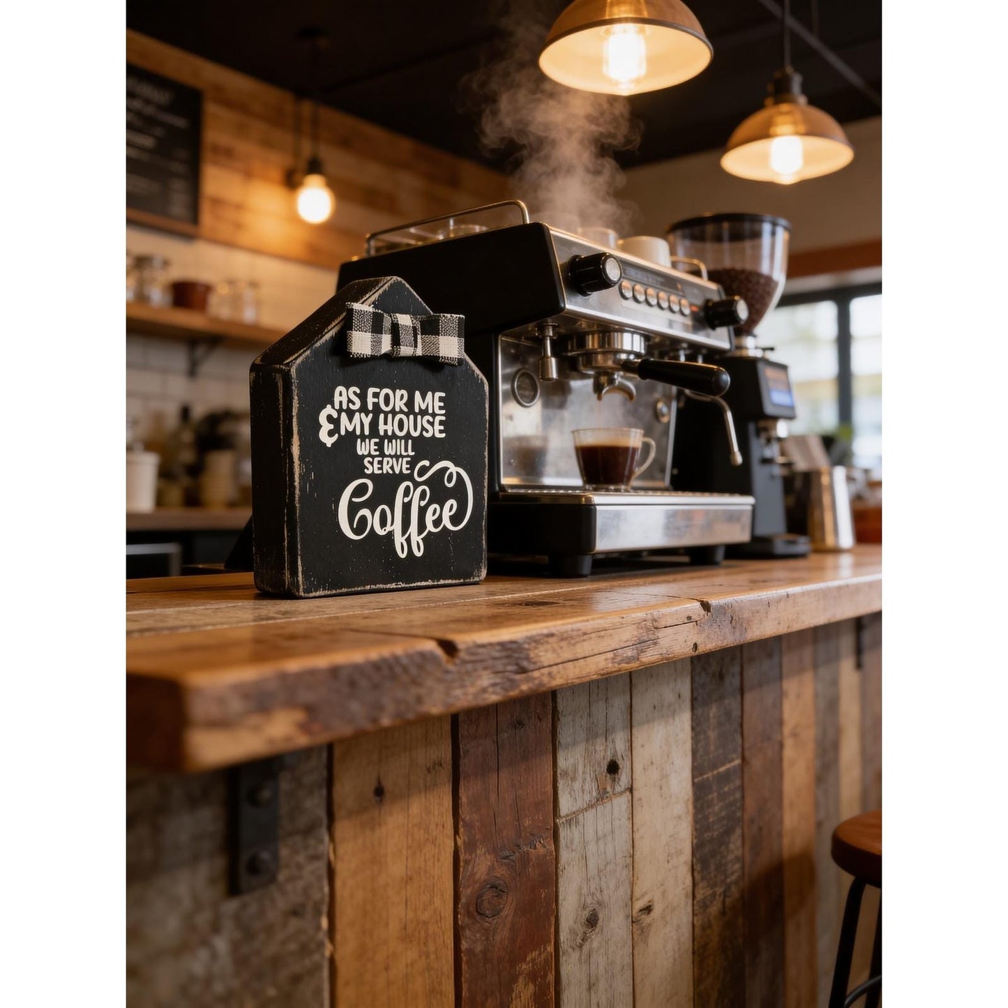Handmade Wooden Coffee Sign With Bow - "As For Me & My House We Will Serve Coffee" - 6.25" x 5" x 1.5" - Basket Case Designs