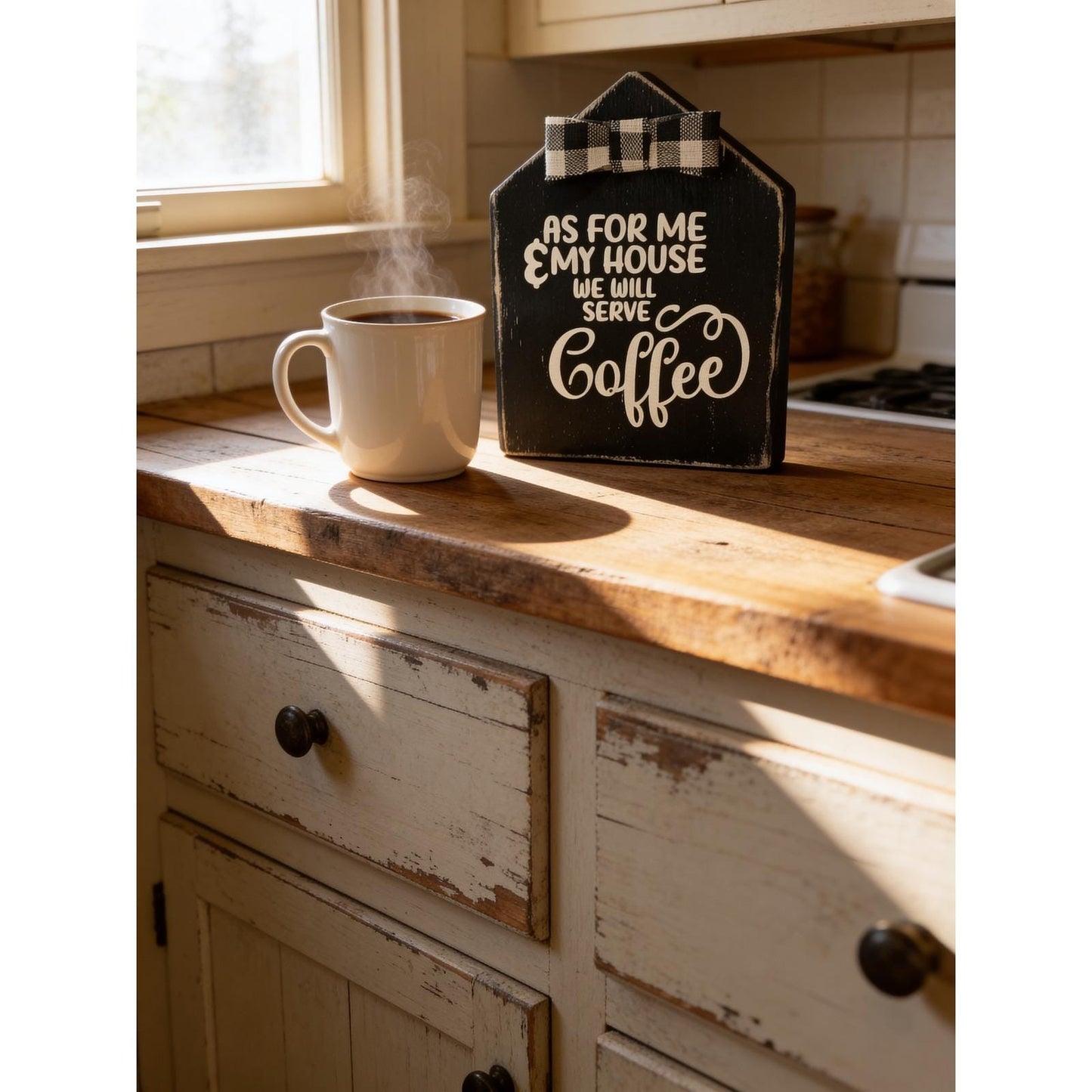 Handmade Wooden Coffee Sign With Bow - "As For Me & My House We Will Serve Coffee" - 6.25" x 5" x 1.5" - Basket Case Designs