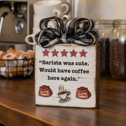 Handmade Barista Was Cute Coffee Wood Block Sign Buffalo Check Bow 4x4 Rustic
