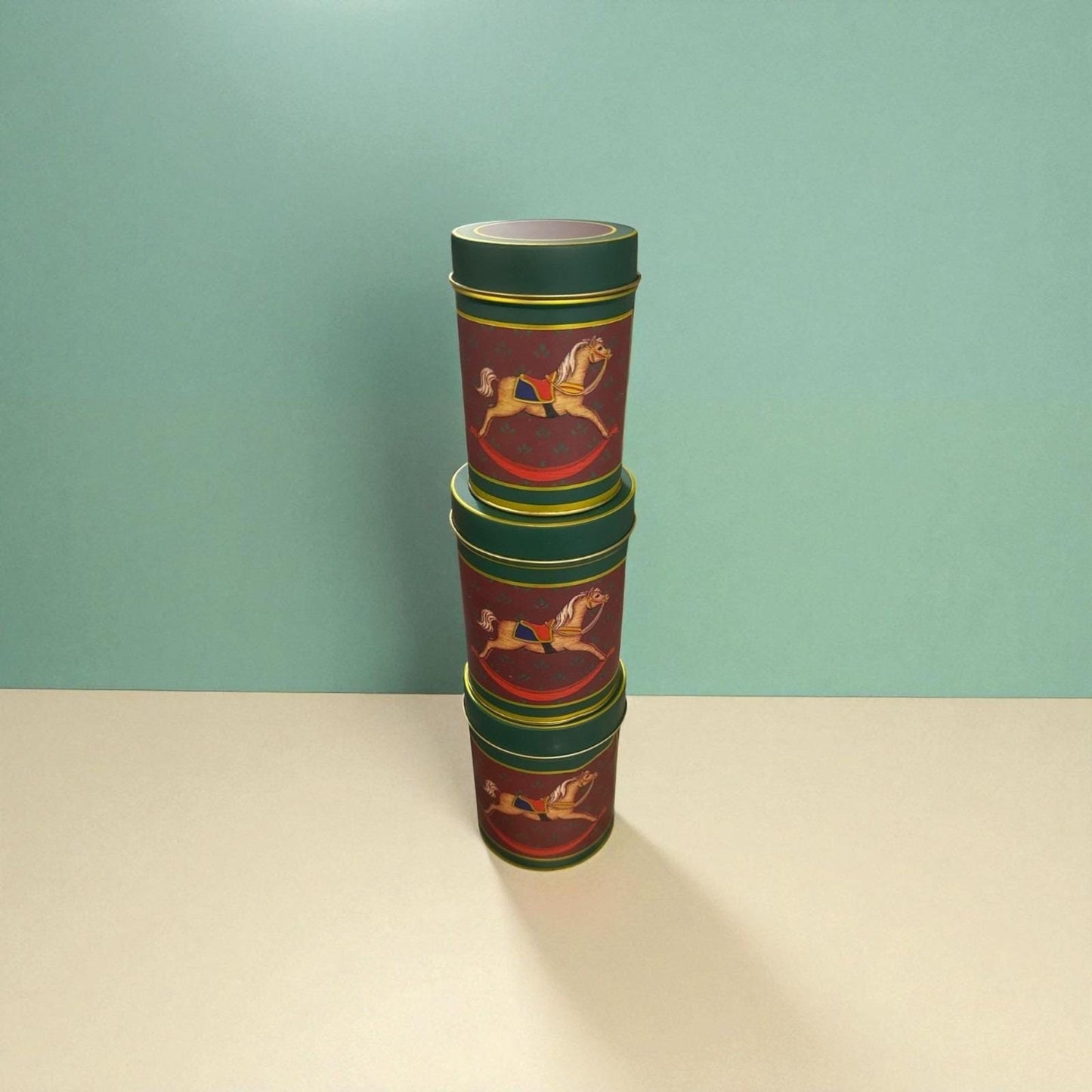 Set Of 3 Nesting Metal Tins With Carousel Horse Design - Red & Green - Decorativ