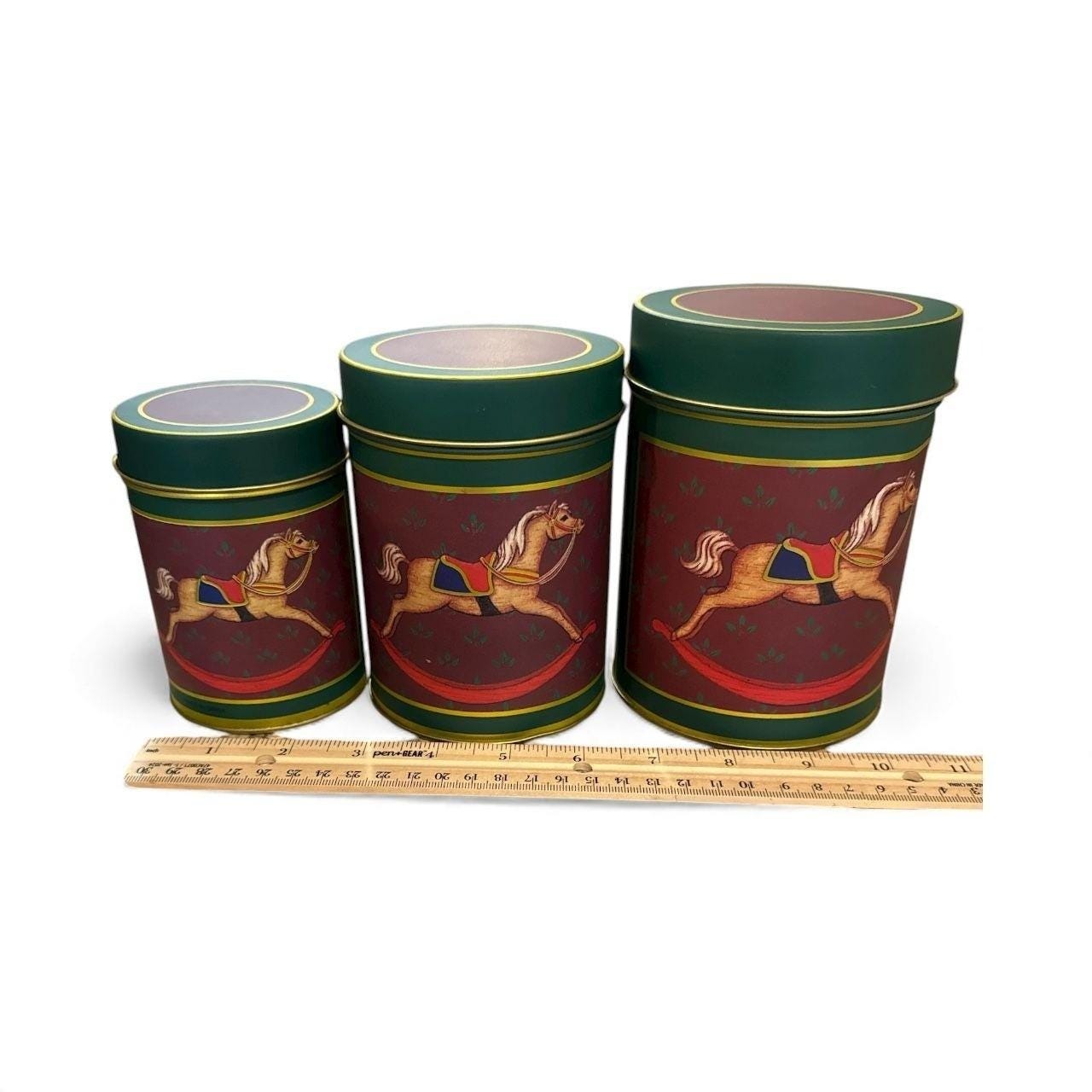 Set Of 3 Nesting Metal Tins With Carousel Horse Design - Red & Green - Decorativ