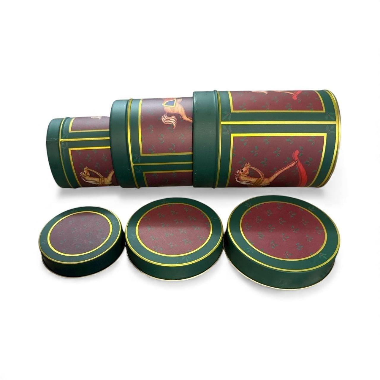 Set Of 3 Nesting Metal Tins With Carousel Horse Design - Red & Green - Decorativ