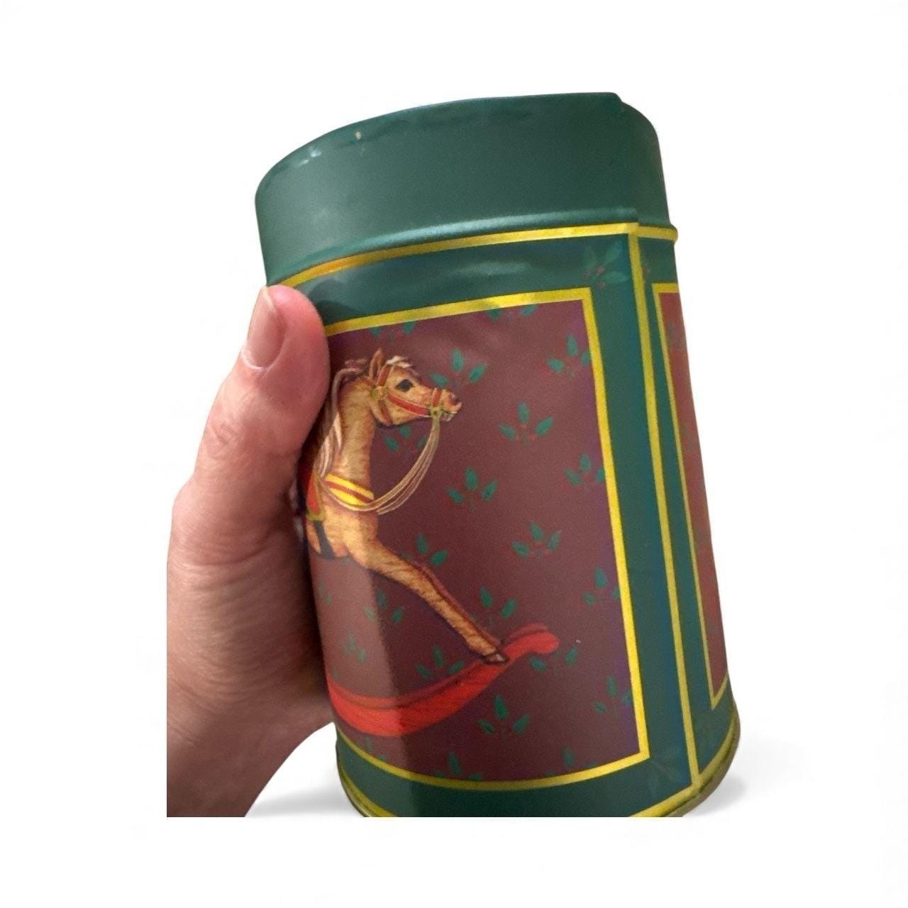 Set Of 3 Nesting Metal Tins With Carousel Horse Design - Red & Green - Decorativ