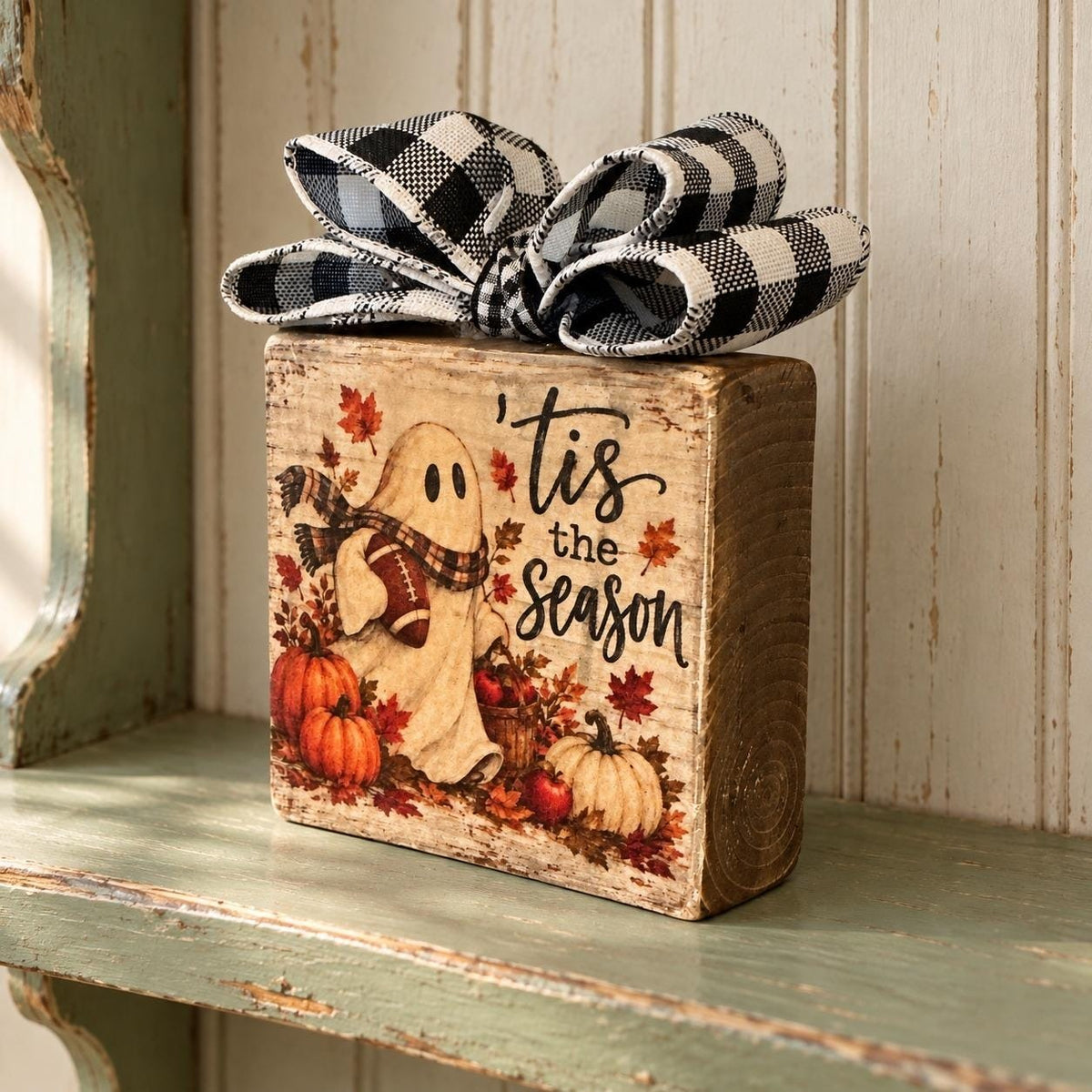Basket Case Wood Block Fall Decor Ghost Football Tis the Season Buffalo Check
