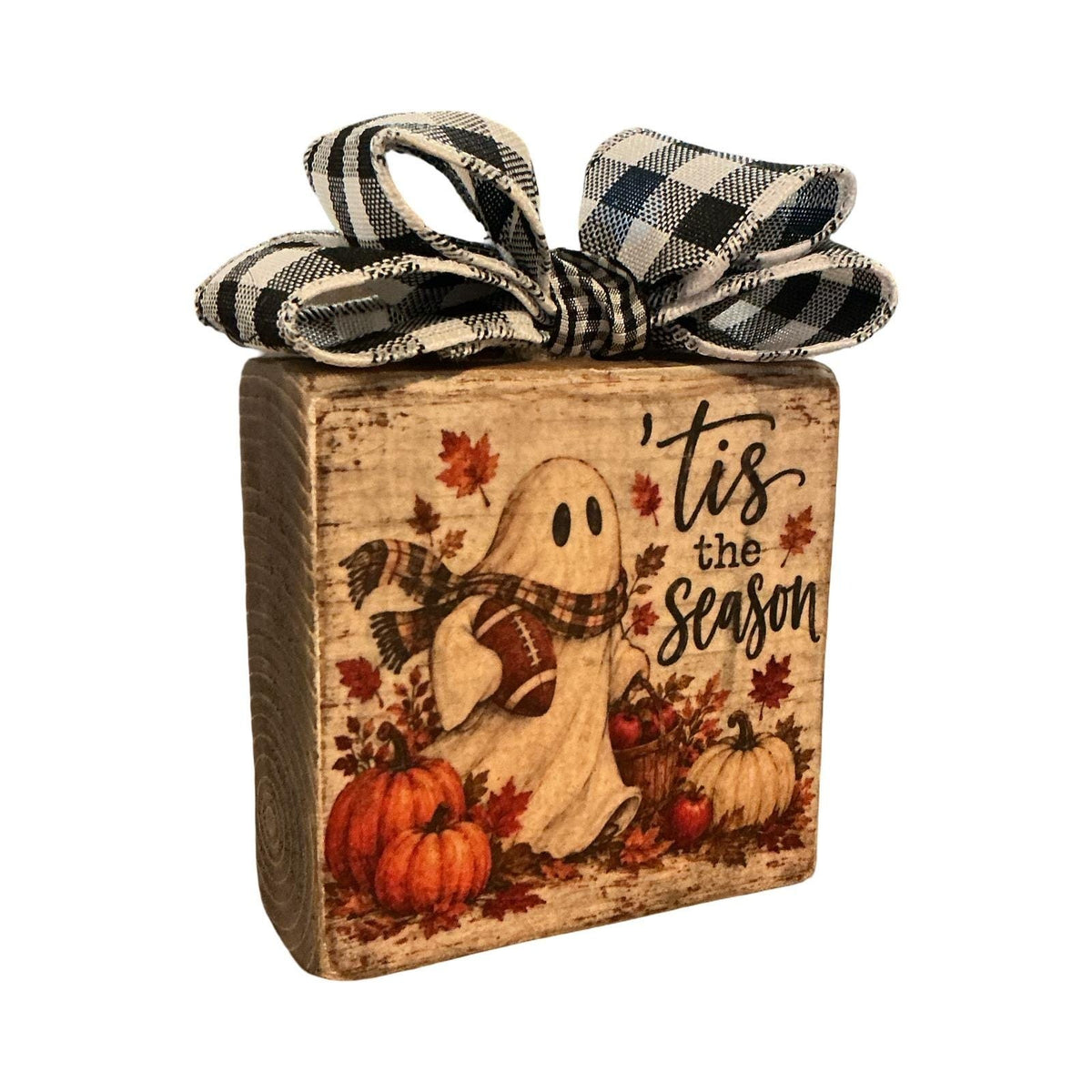 Basket Case Wood Block Fall Decor Ghost Football Tis the Season Buffalo Check