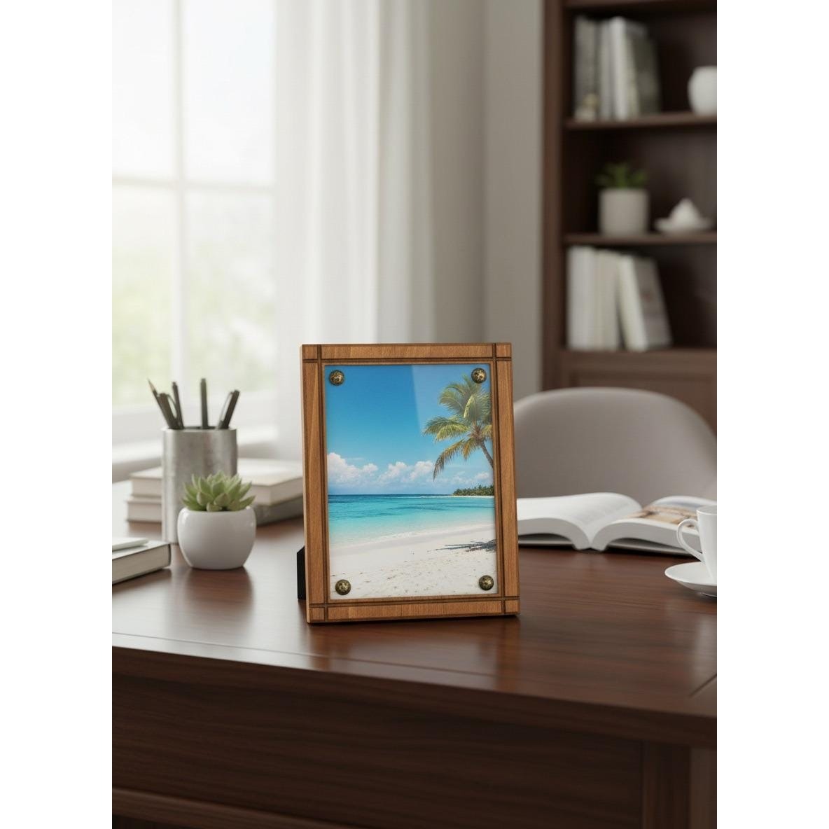 Vintage Handmade Wooden Photo Frame With Plastic Cover & Brass Screws