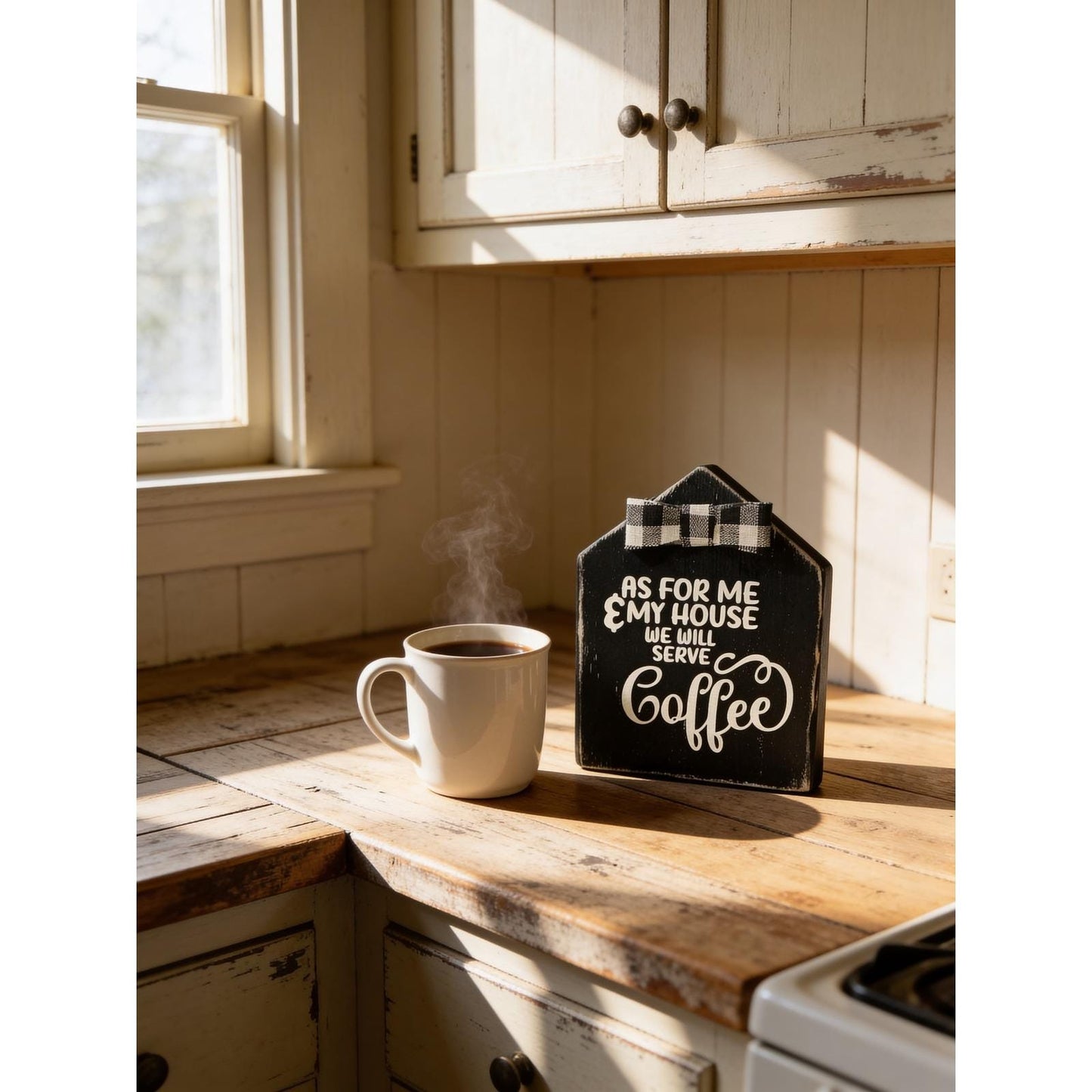 Rustic Wood Coffee Sign House Block Buffalo Check Bow Farmhouse Decor