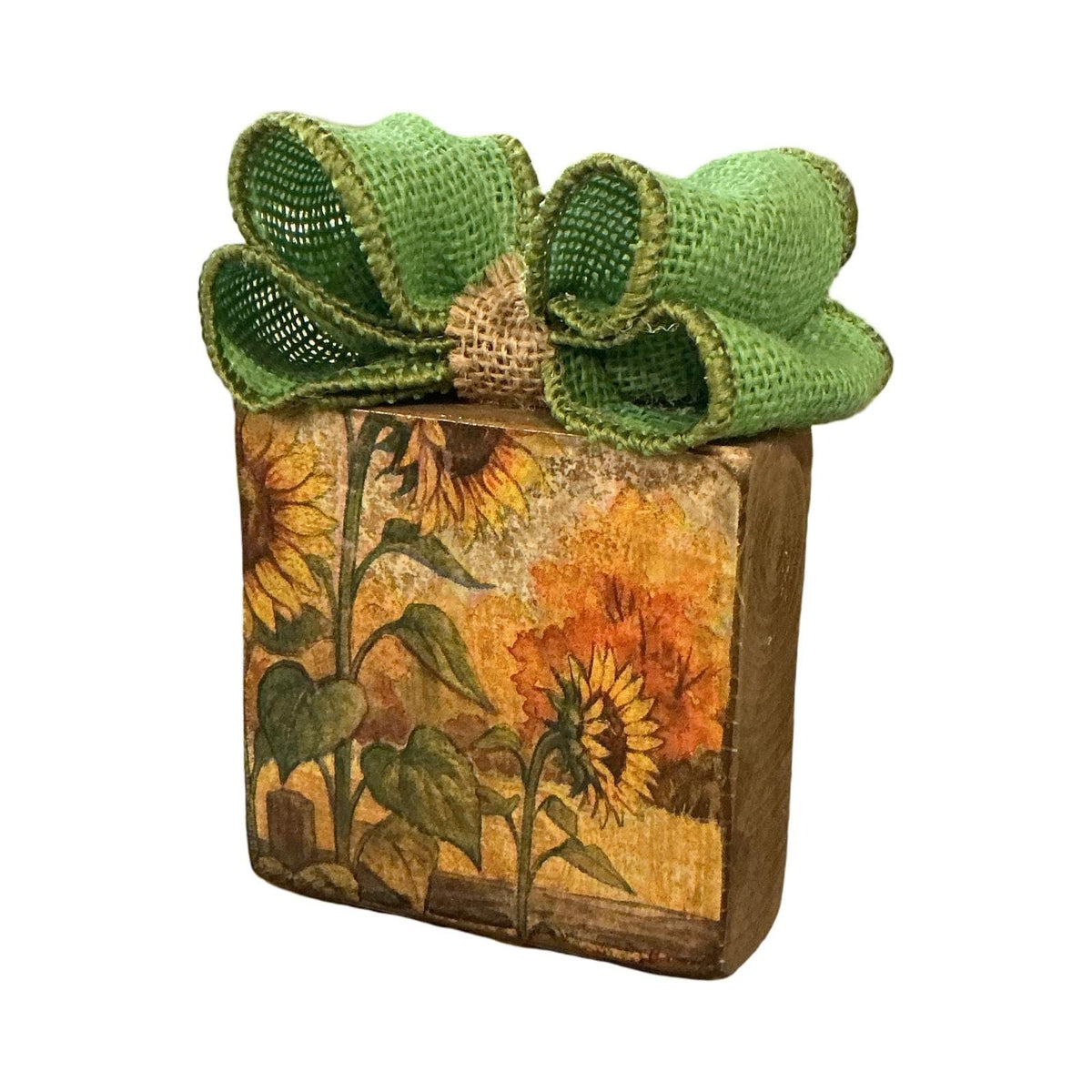 Handmade Sunflower Wood Block Decor with Green Burlap Bow 4x4 Fall Farmhouse