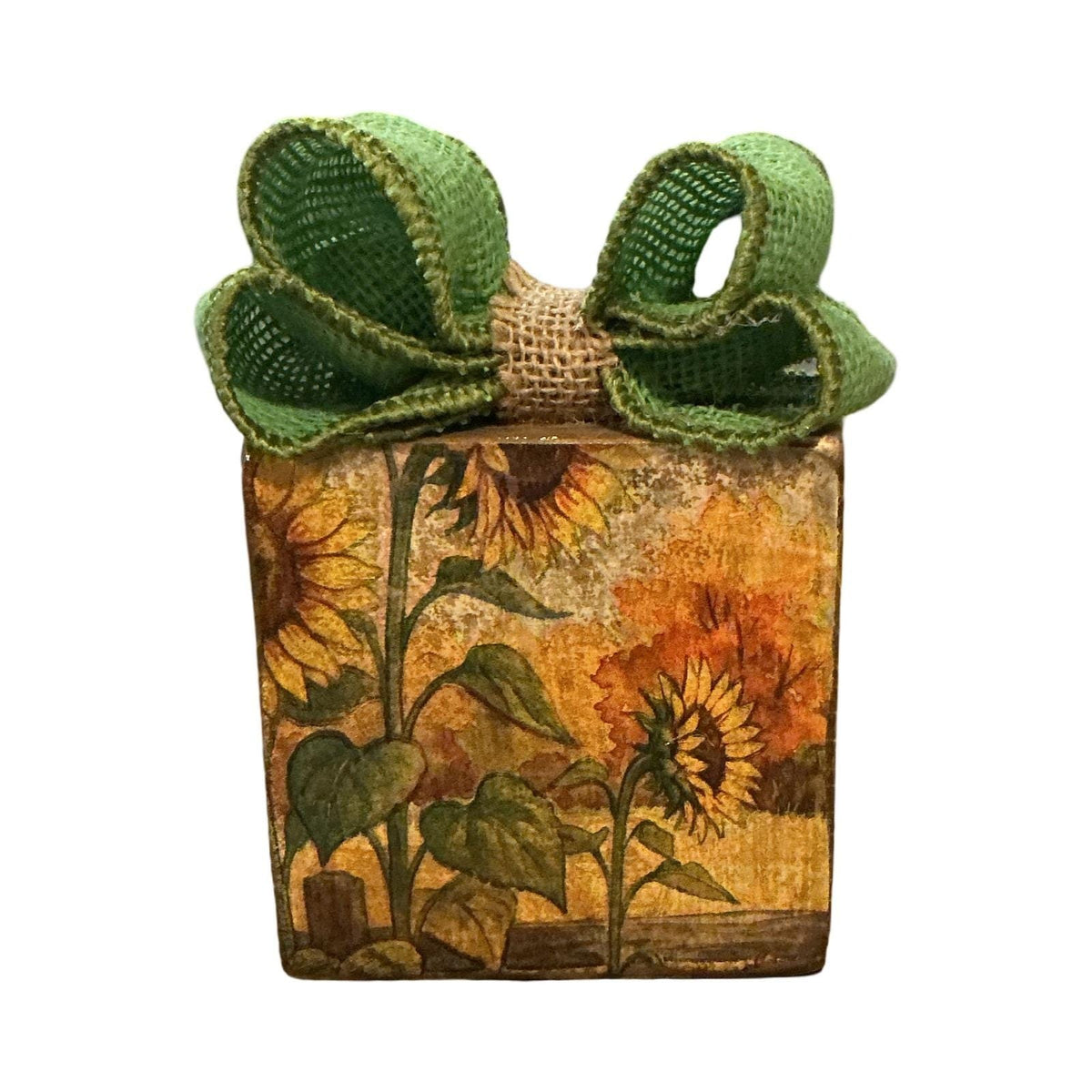 Handmade Sunflower Wood Block Decor with Green Burlap Bow 4x4 Fall Farmhouse
