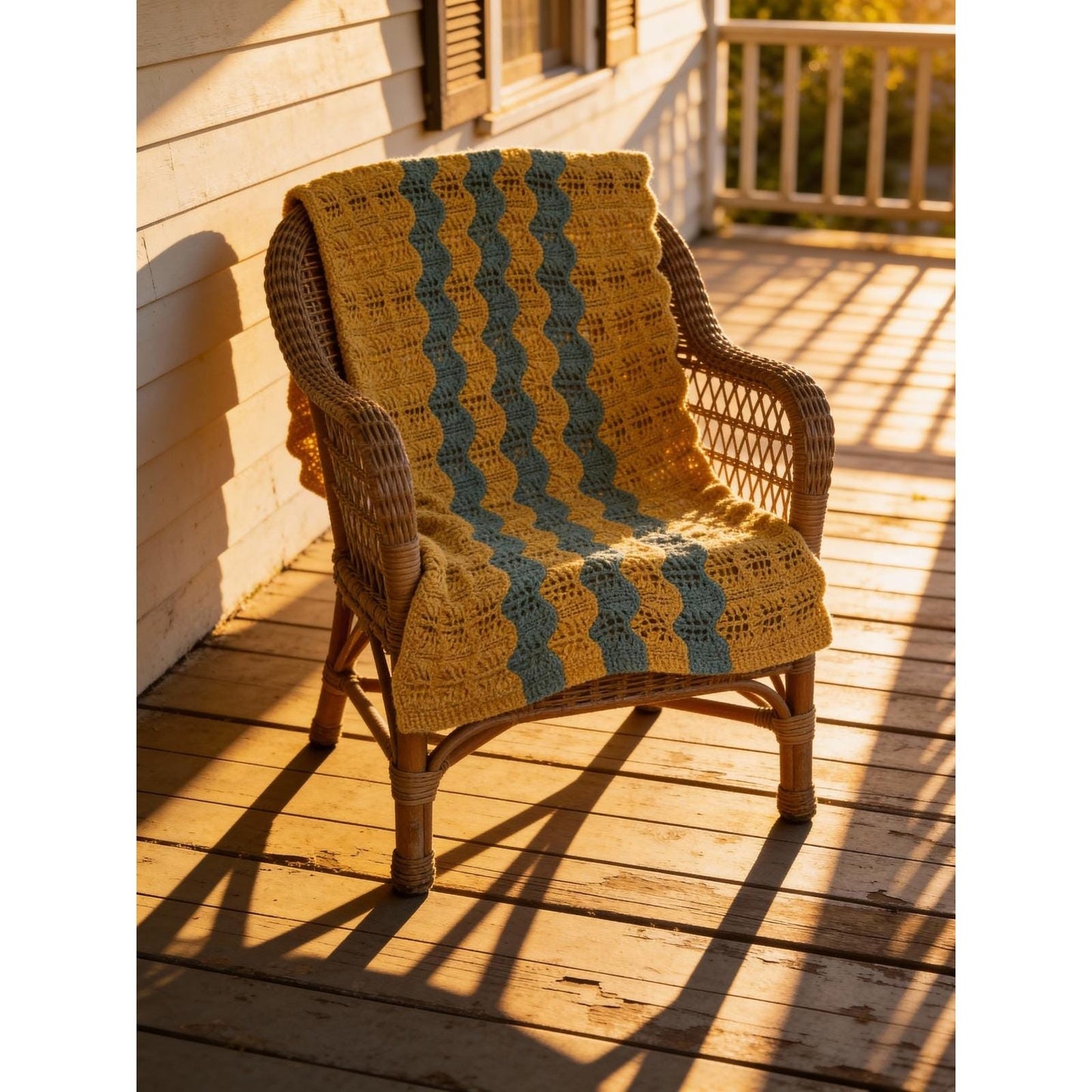 Handmade Vintage Crochet Ripple Afghan Throw Blanket Mustard Yellow Teal 54x40