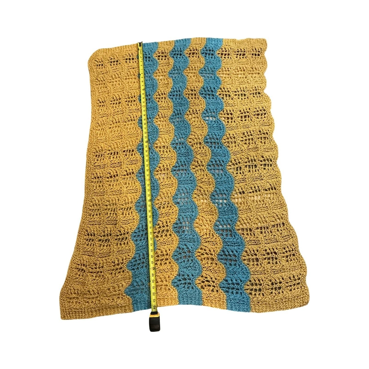 Handmade Vintage Crochet Ripple Afghan Throw Blanket Mustard Yellow Teal 54x40