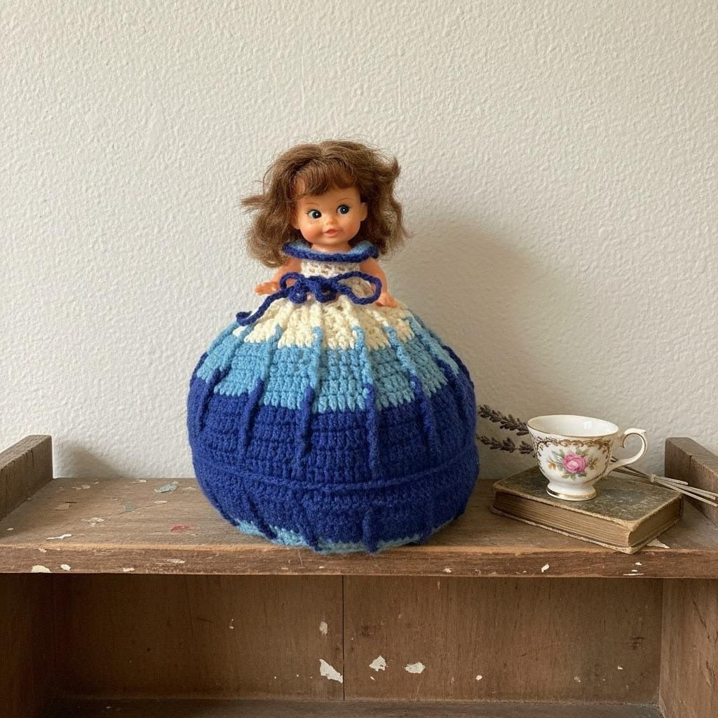 Vintage Crochet Skirt Doll Blue & White Handmade 10" Tall