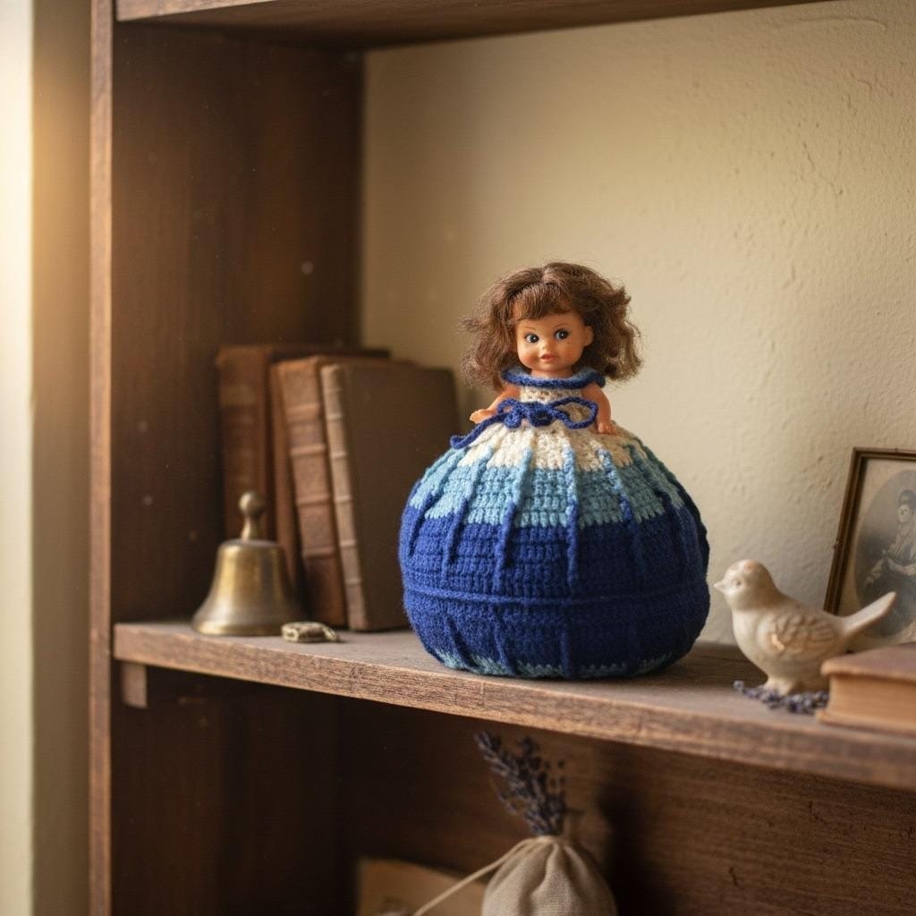 Vintage Crochet Skirt Doll Blue & White Handmade 10" Tall