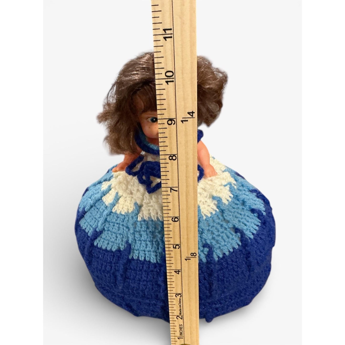Vintage Crochet Skirt Doll Blue & White Handmade 10" Tall