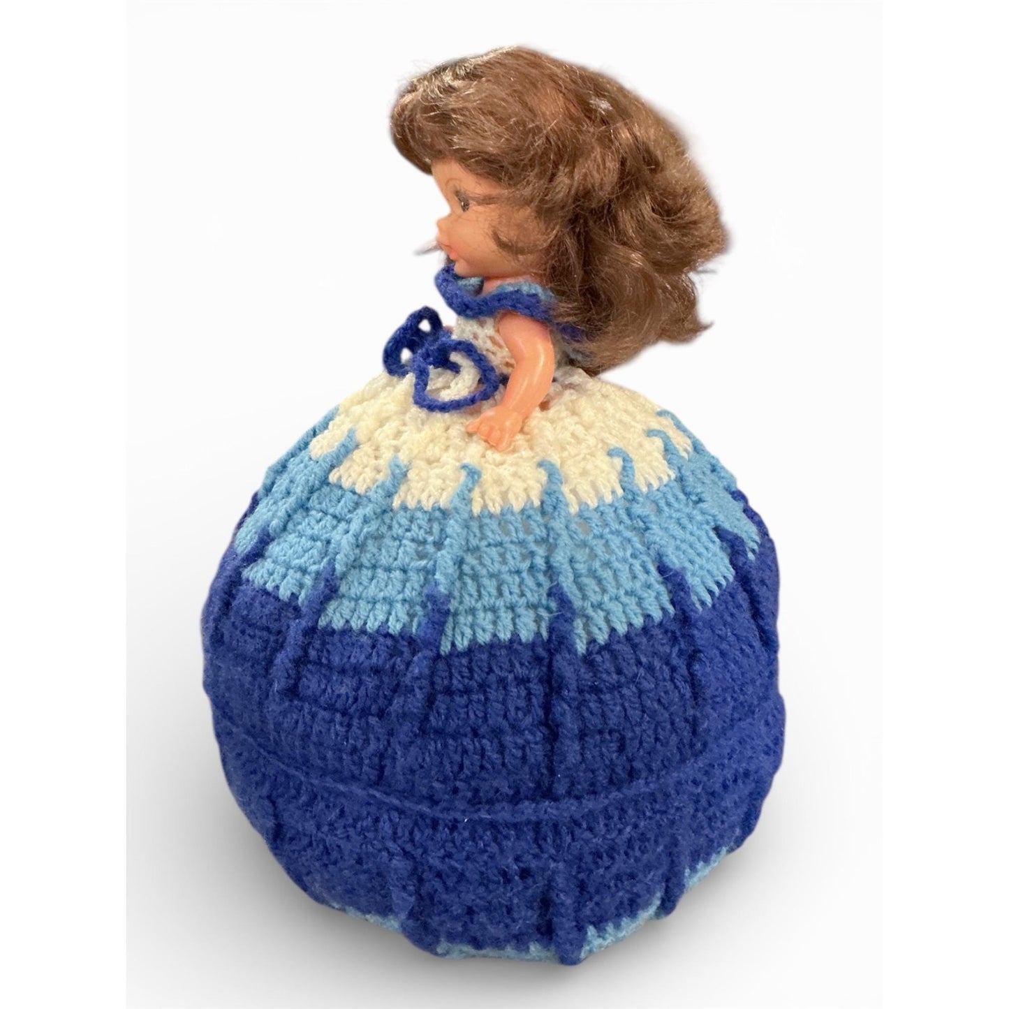 Vintage Crochet Skirt Doll Blue & White Handmade 10" Tall