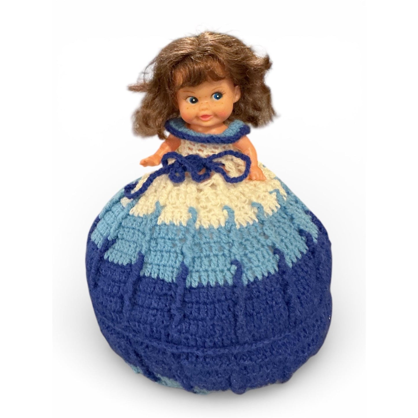 Vintage Crochet Skirt Doll Blue & White Handmade 10" Tall