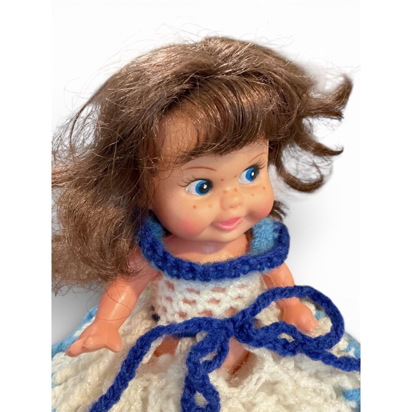 Vintage Crochet Skirt Doll Blue & White Handmade 10" Tall